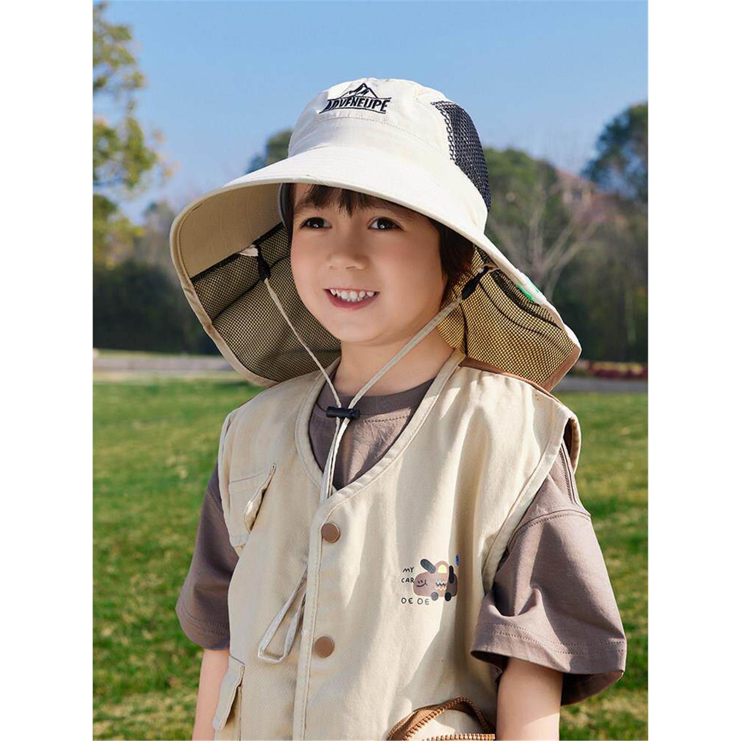 儿童防晒帽男童遮阳帽夏季男孩太阳帽中大童女渔夫帽披肩2026新款
