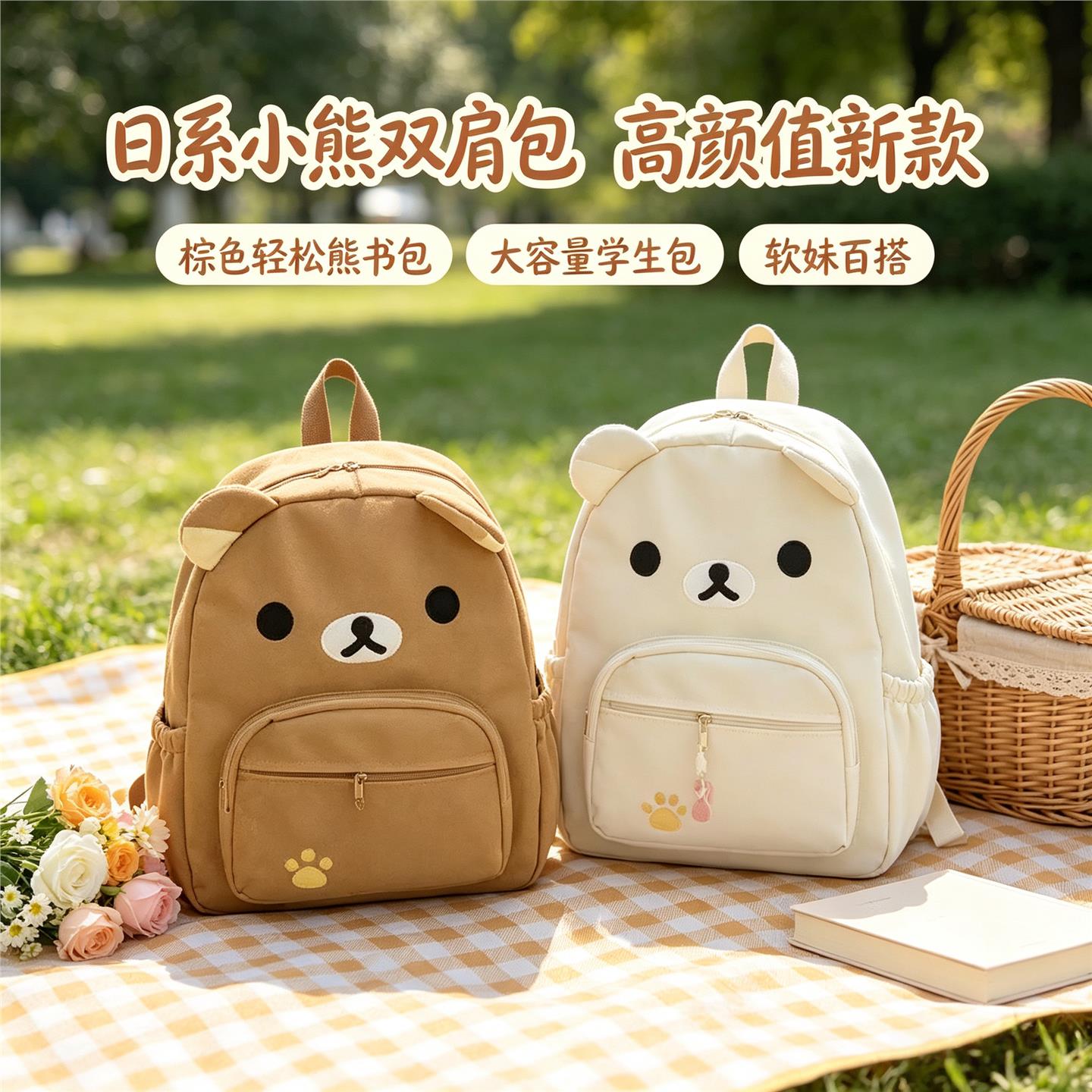 新款日系可爱棕色奶白小熊大容量百搭学生软妹双肩包轻松熊卡通包