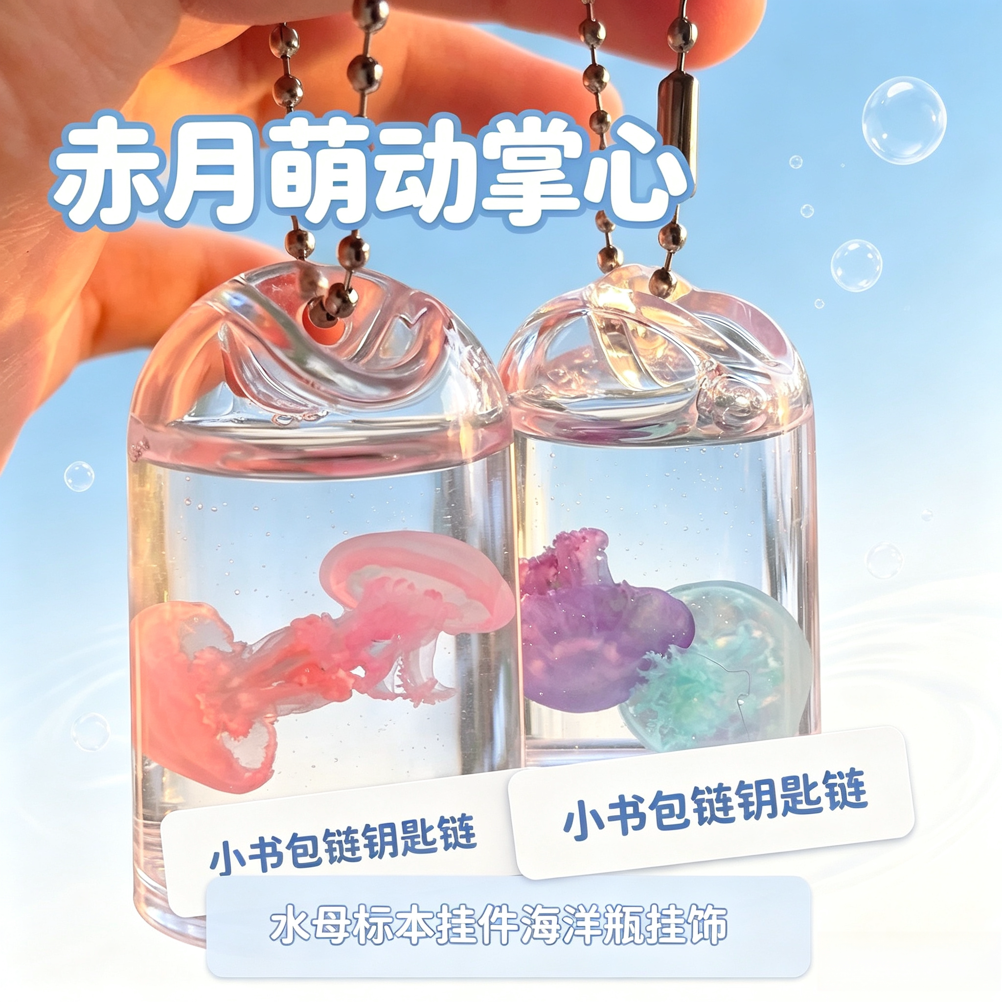彩色萌动赤月书包链掌心非活体水母挂件钥匙链挂饰小海洋瓶