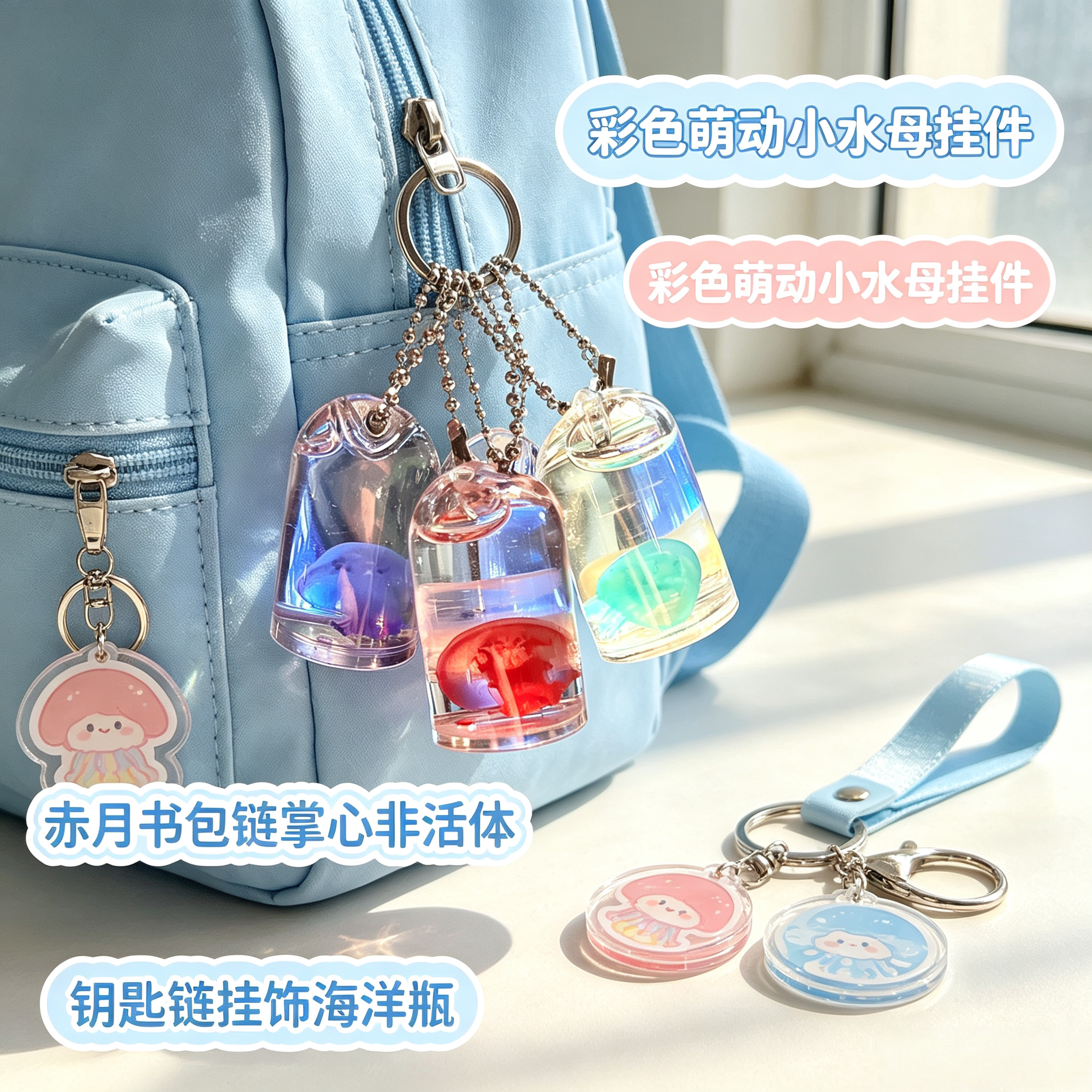 彩色萌动小水母挂件赤月书包链掌心非活体钥匙链挂饰海洋瓶