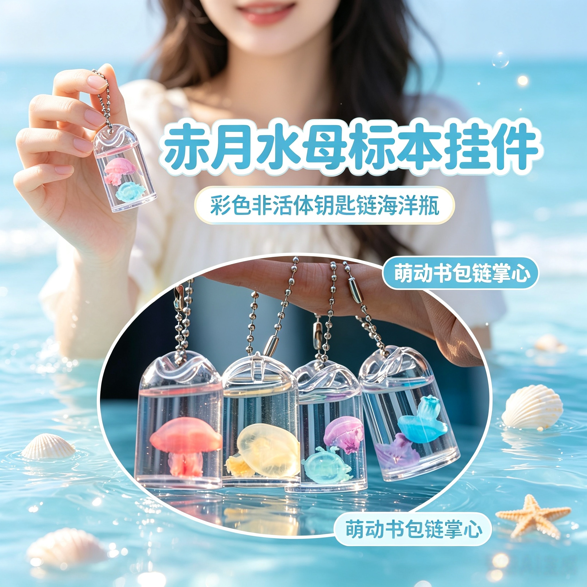 挂件标本彩色小水母标本吊坠萌动赤月书包链掌心钥匙链挂饰