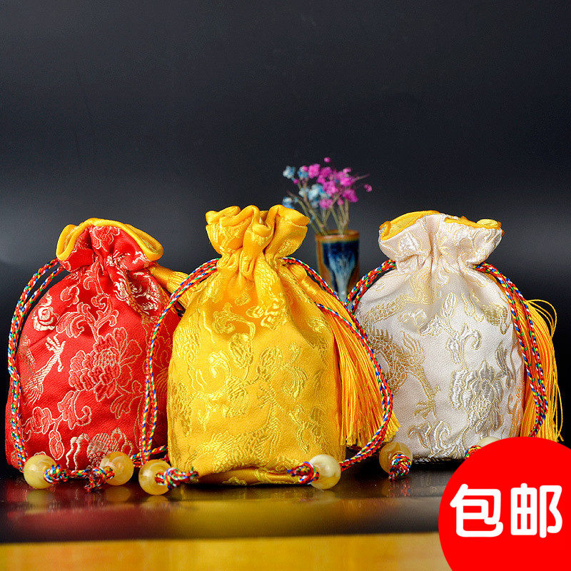 缎锦袋刺绣印花抽绳袋束口袋圆底红色黄色布袋福袋首饰礼品包装袋