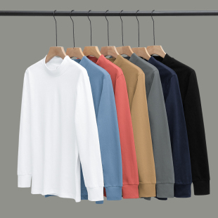 重磅纯棉长袖 内搭全棉纯色中领秋衣服 t恤男加绒加厚半高领打底衫
