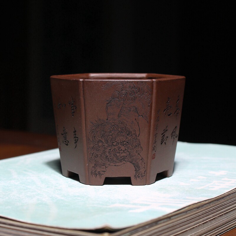名家收藏宜兴紫砂花盆精品六方肖小根全手工制作原矿泥料菖蒲多肉