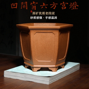 六方形凹开窗宫灯金钟精品紫砂花盆小盆景盆栽菖蒲兰花专用君子兰