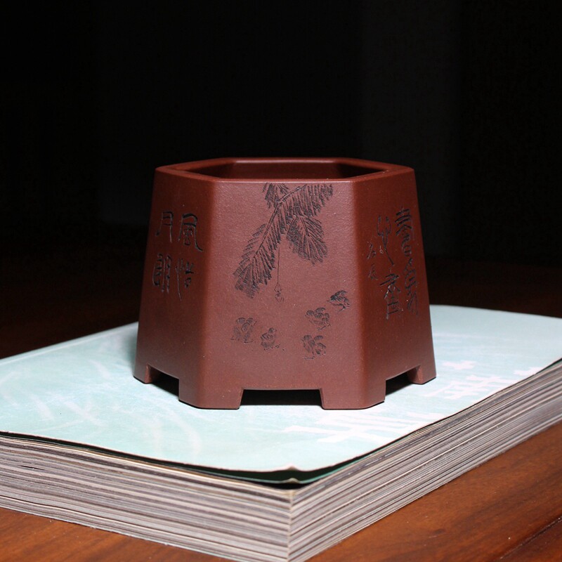 六方井栏精品紫砂微型花盆小盆景盆栽多肉菖蒲王明莉全手工