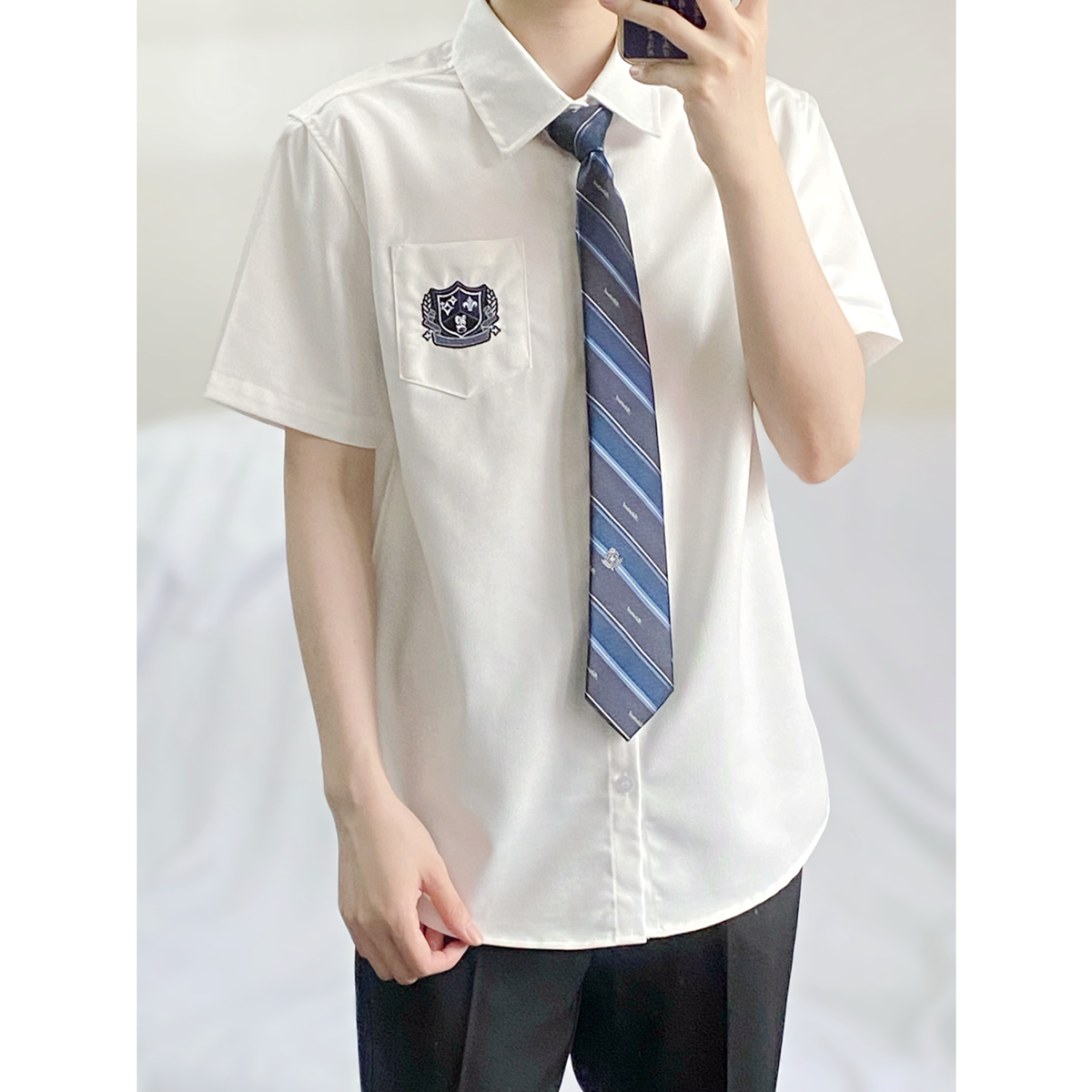 北枫 原创dk日系制服男装学生衬衫班服夏季短袖黑色白色刺绣衬衣