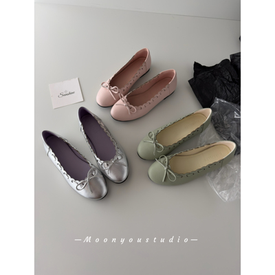 Moonyou 羊皮圆头蝴蝶结银色平底玛丽珍单鞋女优雅百搭芭蕾单鞋