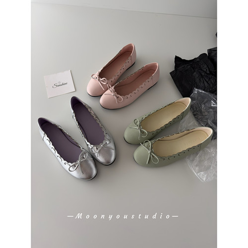 Moonyou 羊皮圆头蝴蝶结银色平底玛丽珍单鞋女优雅百搭芭蕾单鞋