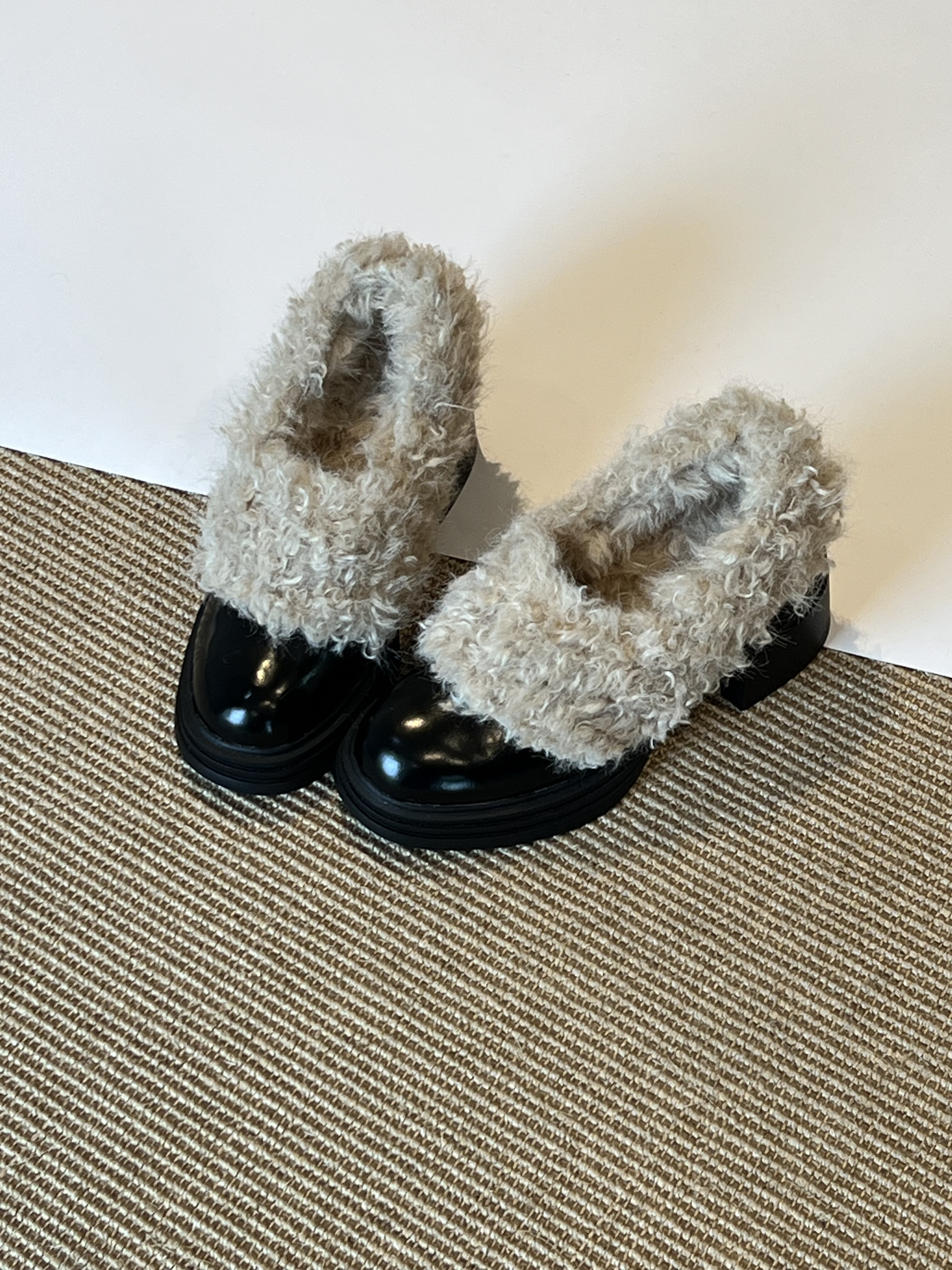 Claudie定制 牛皮方头粗跟加绒保暖雪地靴女秋冬百搭毛毛鞋小皮鞋