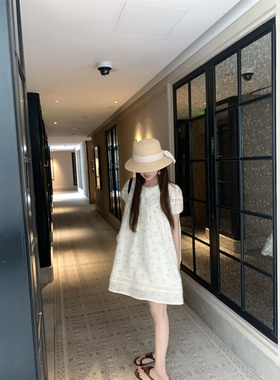 PINKMOON/春野信筏 甜美郁金香波点娃娃领连衣裙 天丝苎麻短裙