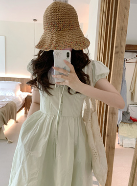 PINKMOON/忽而今夏 苹果绿长款蝴蝶结连衣裙 显瘦刺绣夏日裙