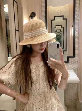 PINKMOON/莫奈的花园 温柔碎花天丝亚麻裙 蕾丝系带森系长裙