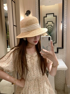 PINKMOON/莫奈的花园 温柔碎花天丝亚麻裙 蕾丝系带森系长裙