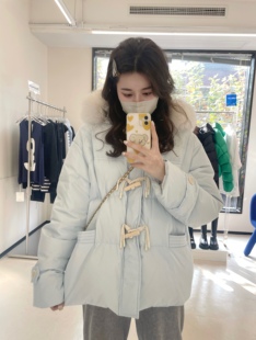 PINKMOON/自制暗格的秘密 俏皮Baby蓝羽绒服 90白鸭绒牛角扣连帽