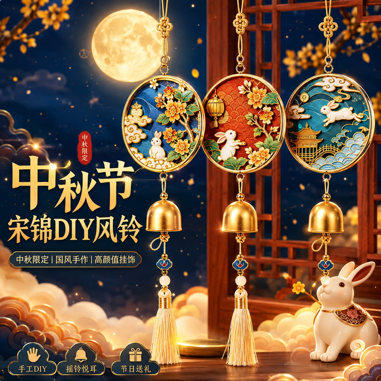 中秋节宋锦珍珠风铃挂饰手工diy