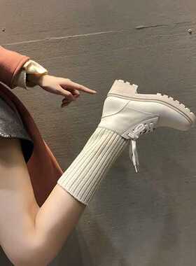 金特 百丽英伦真皮软底马丁靴冬加绒毛线短靴女防滑百搭厚底棉靴