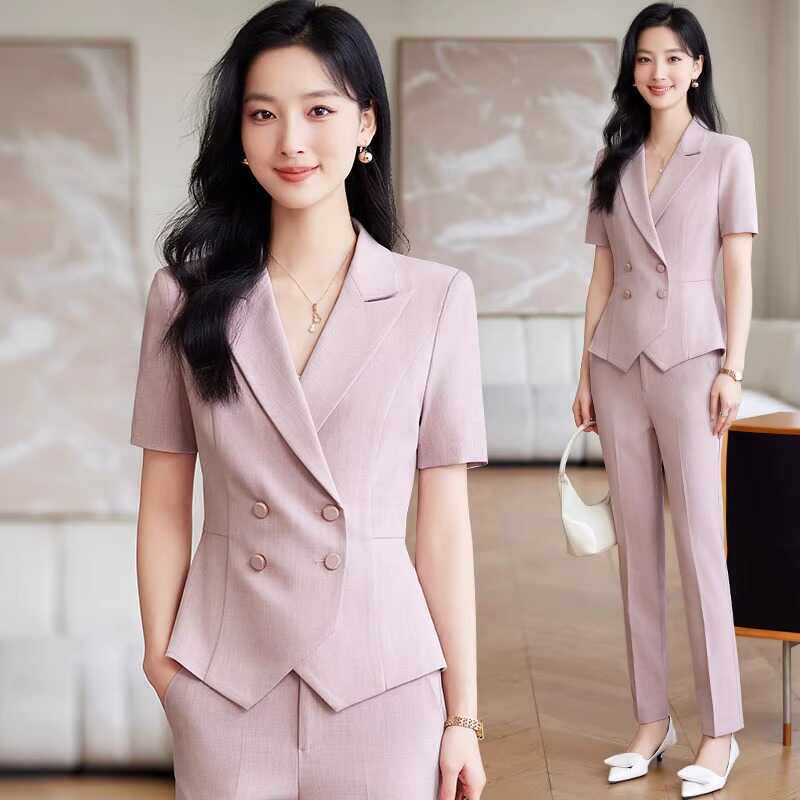 粉色短袖西装套装女夏季薄款职业正装气质酒店前台工装经理工作服