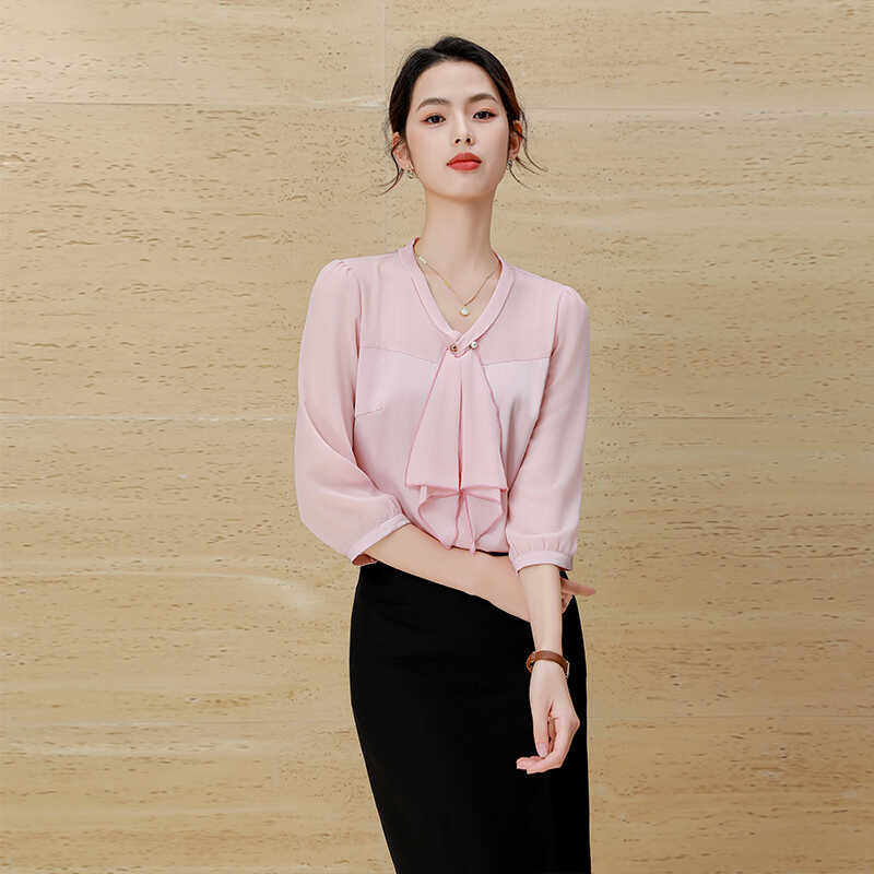 雪纺衬衫女长袖春夏宽松套头高级感打底衫职业气质七分袖粉色衬衣