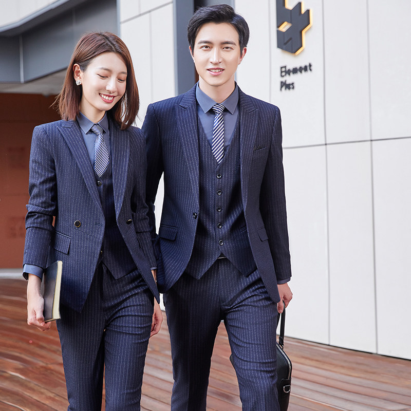 职业装女装套装男女同款条纹西装工作服酒店银行销售经理工装西服