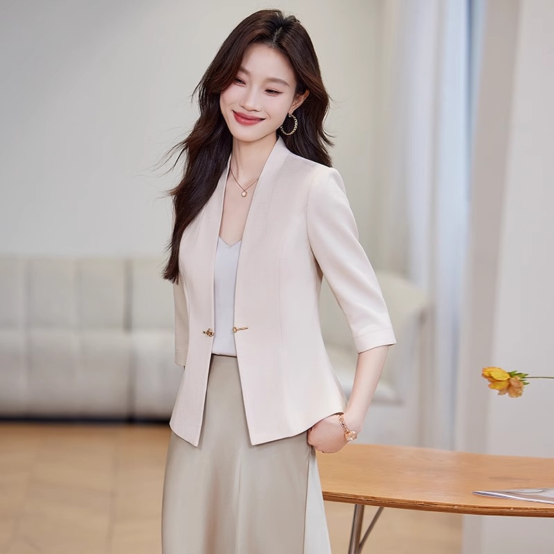 新中式无领西装外套女薄款2025夏新款小个子中袖短款国风西服上衣