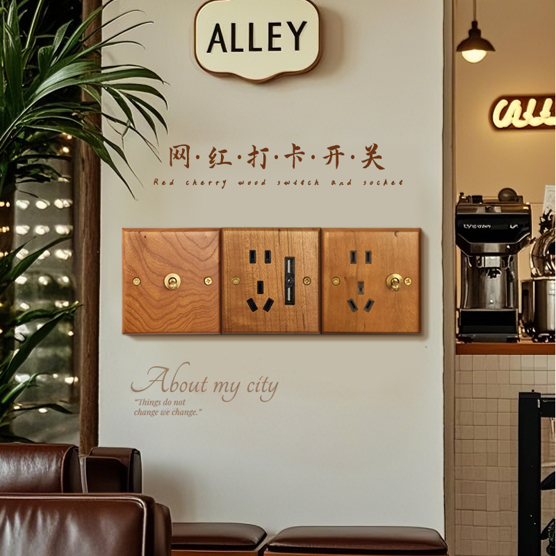 复古黄铜拨杆红樱桃木双控开关