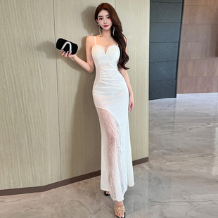 夜店性感连衣裙2025新款吊带蕾丝拼接包臀长裙白色技师柔式工作服
