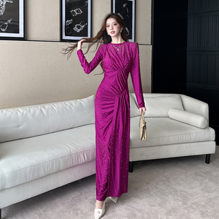 晚礼服女2025新款高级感优雅气质圆领长袖修身长裙开叉包臀连衣裙