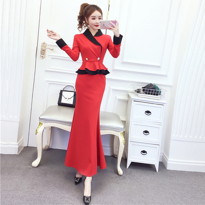 礼服裙时尚翻领荷叶边红色连衣裙