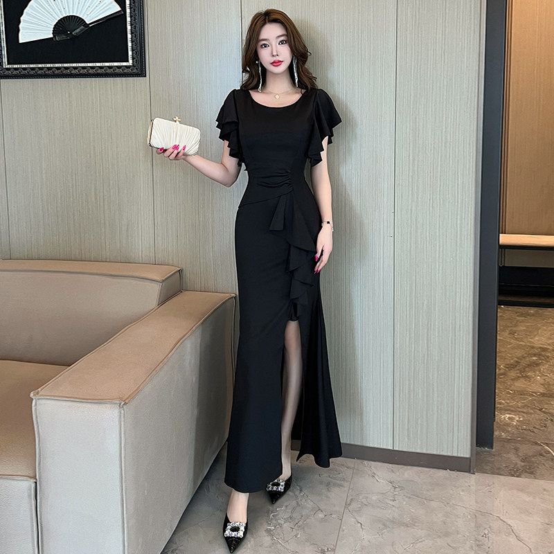年会宴会晚礼服女高贵优雅气质修身包臀连衣裙黑色长款开叉鱼尾裙