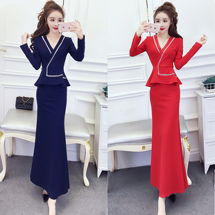 礼服长裙秋冬时尚V领长袖宴会气质收腰显瘦包臀鱼尾裙红色连衣裙