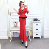 年会礼服长裙女秋冬新款 显瘦包臀鱼尾红色连衣裙 修身 时尚 气质长袖