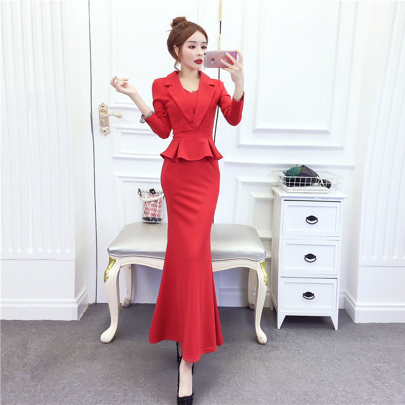 时尚晚礼服长袖鱼尾长裙连衣裙女