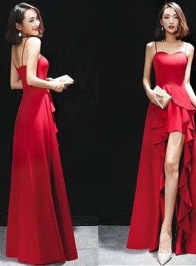 红色连衣裙新款高贵优雅气质名媛性感吊带裙宴会修身长款晚礼服女