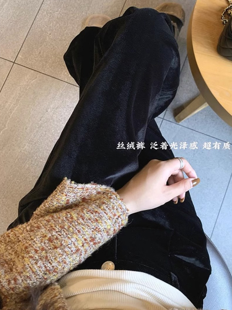 高级感休闲别致独特美式复古极简风阔腿直筒黑色丝绒长裤秋冬女