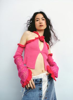 【年终清仓】三折 Boujee原创粉色玫瑰露肩针织荷叶边氛围辣妹