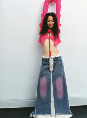 【年终清仓】三折 Boujee原创水洗粉色牛仔拼接尼龙运动半裙松弛