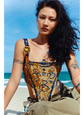 【年终清仓】五折Boujee布几新中式蛇纹印花鱼骨胸衣复古辣妹小众