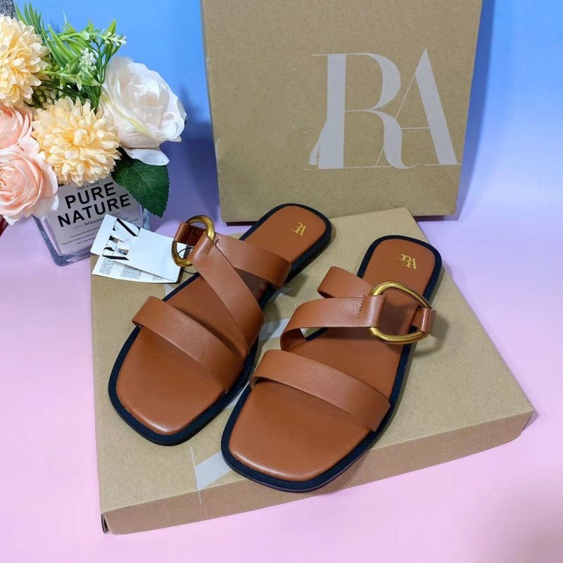 欧美平底凉拖女金属圆扣字母拖鞋 Slides Slippers Women African