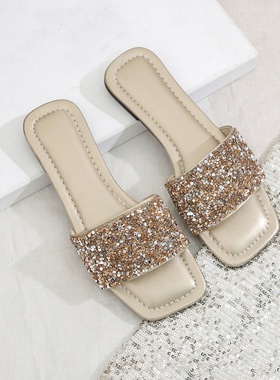 Flat slippers chaussures外穿方头亮片舒适休闲平底沙滩凉拖鞋女