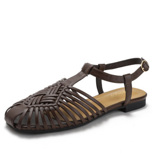 一字扣包头凉鞋手工编织猪笼凉鞋flat casual closed-toe sandals