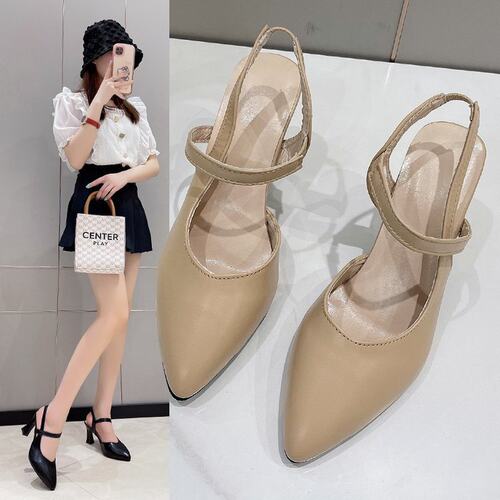 尖头粗跟一字带软皮高跟鞋女One-strap soft leather high heels