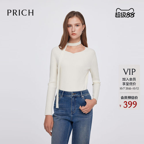 PRICH气质飘带针织衫春季心形领修身通勤毛衣女