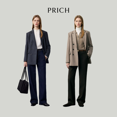 【舒心】PRICH时尚羊毛混纺高智双排扣平驳领西装冬通勤中长款外