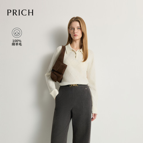 【100%绵羊毛】PRICH时尚菱格烫钻polo领针织衫2026冬新款毛衣女