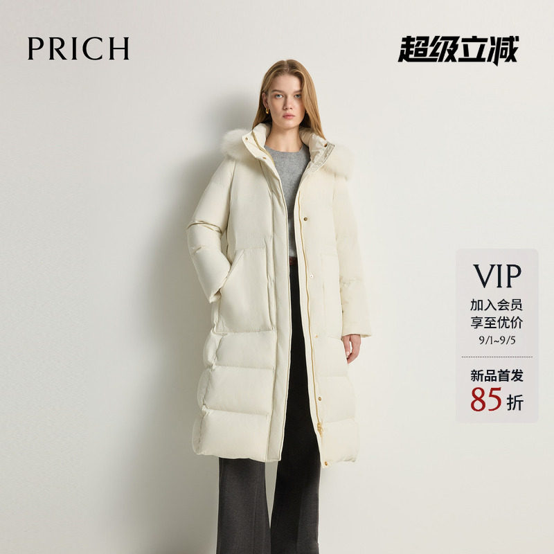 【90%鸭绒】PRICH时尚狐狸毛领连帽羽绒服2026冬新款过膝长外套女