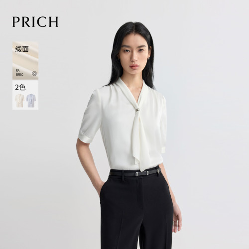 【缎面】PRICH简约飘带V领肌理感短袖衬衫2026夏季新款通勤上衣女