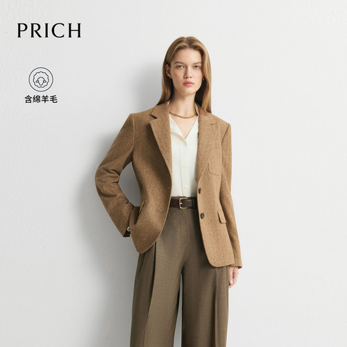 PRICH绵羊毛混纺复古人字纹西装2026早秋新款高智通勤外套女