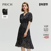 PRICH航海系穿搭法式 气质印花泡泡袖 雪纺连衣裙黑色V领淑女长裙