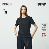 新款 PRICH简约植绒印花圆领短袖 T恤2026春季 休闲宽松通勤上衣女